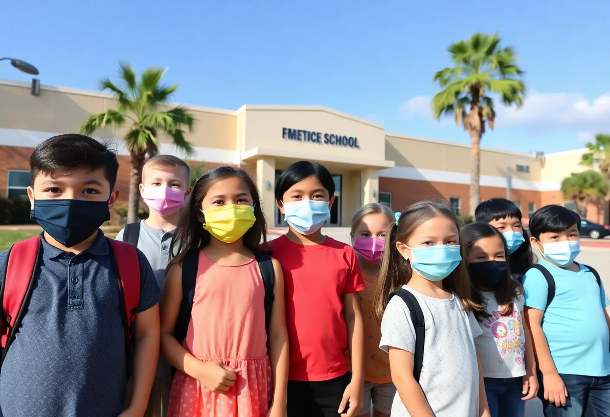 Children wearing masks in front of a Florida school