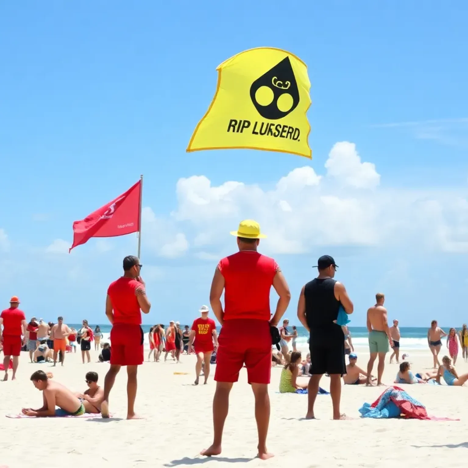 Lifeguards monitoring a crowded Fort Lauderdale beach with warning flags for rip currents.
