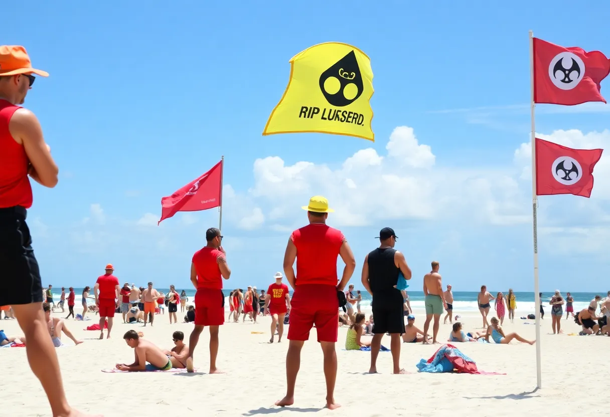 Lifeguards monitoring a crowded Fort Lauderdale beach with warning flags for rip currents.