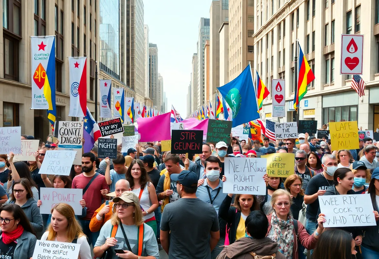 Crowd of protesters during Hands Off protests in a city