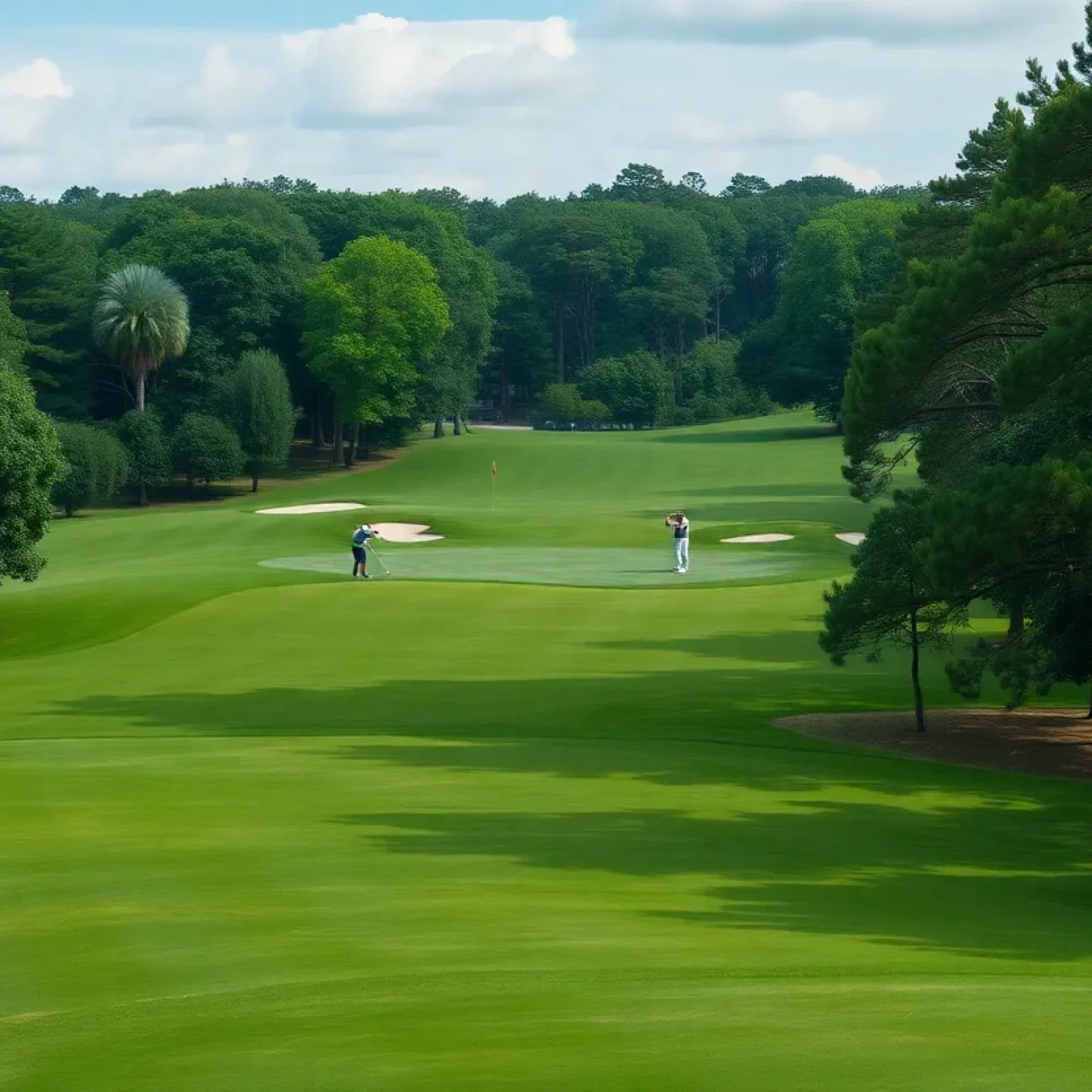 Lush green golf course during daylight with players practicing