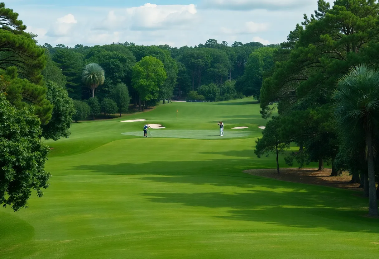 Lush green golf course during daylight with players practicing