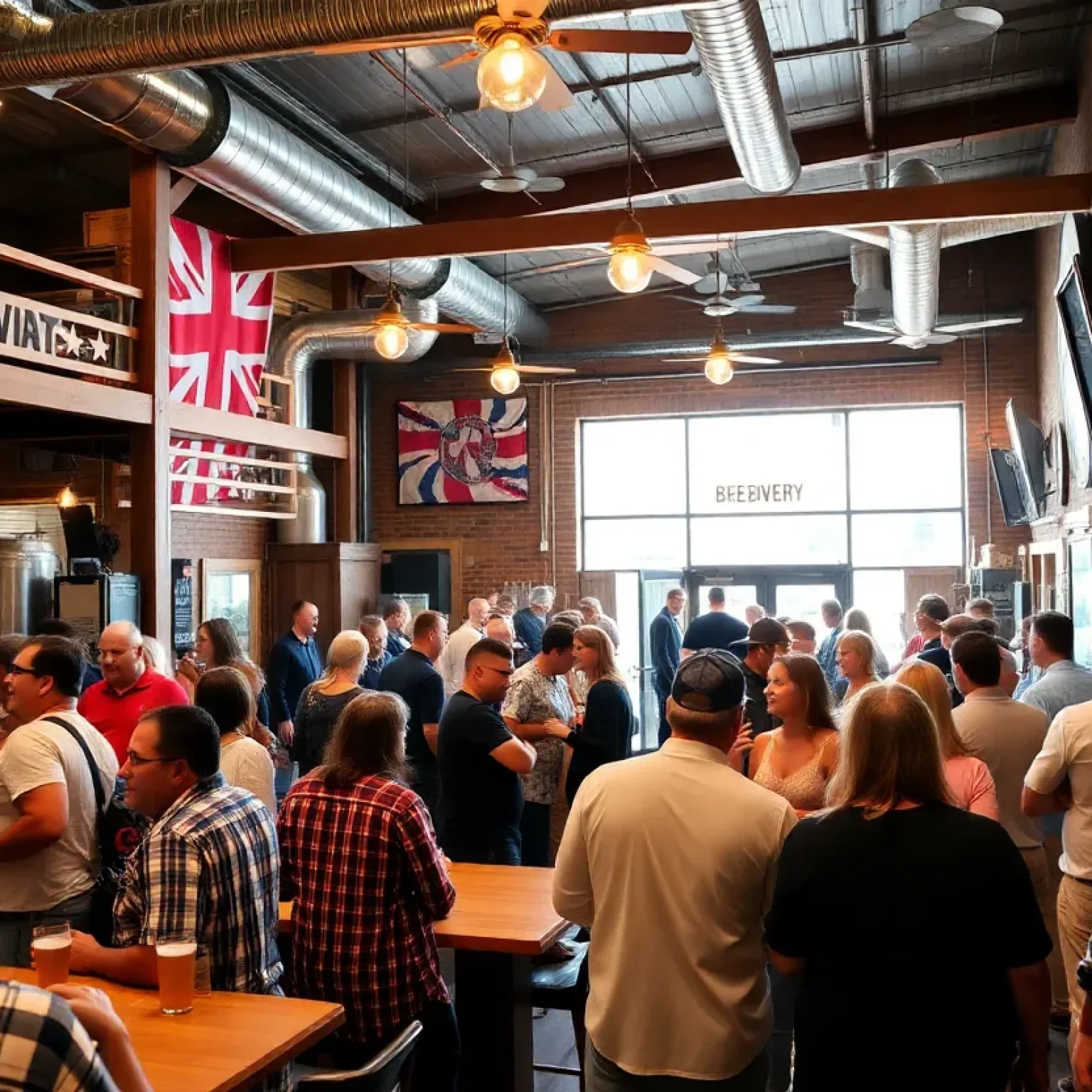 Interior of Intuition Ale Works Brewery with patrons enjoying beverages