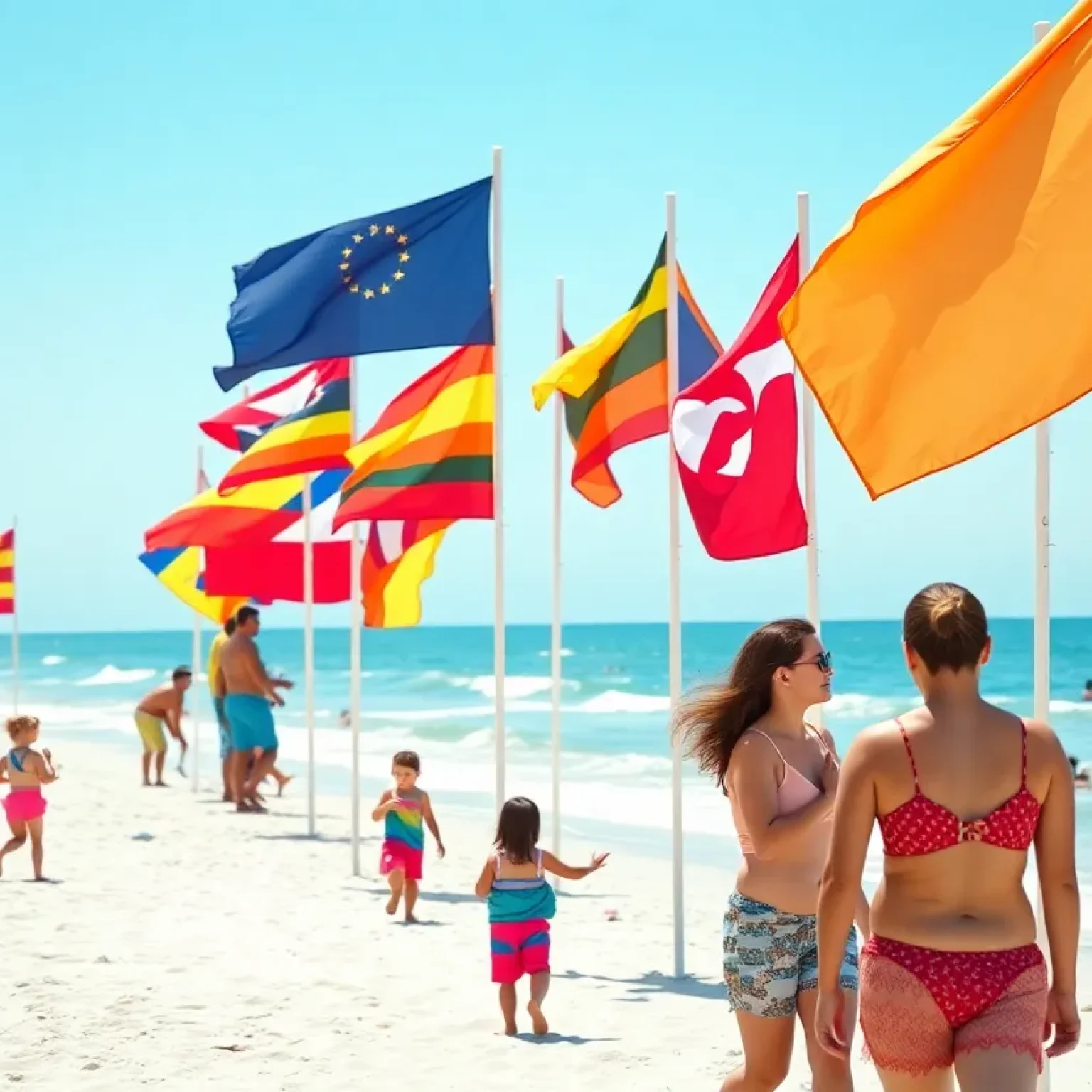Families enjoying Jacksonville beach with safety flags in the background.