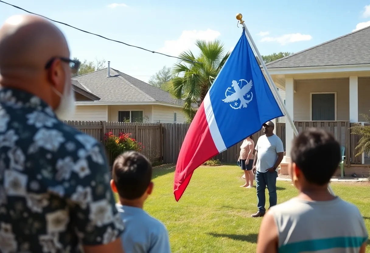 A religious flag in a Jacksonville backyard with neighbors watching.