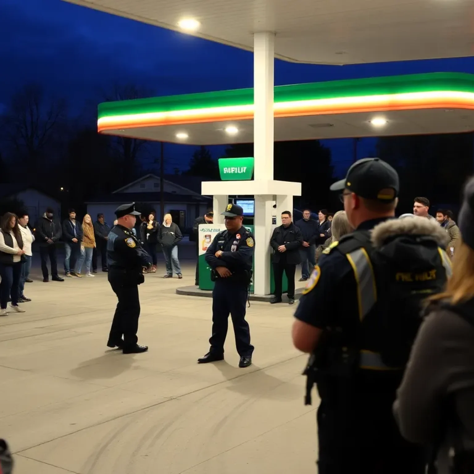 Crowd gathered at a gas station following a stabbing incident.