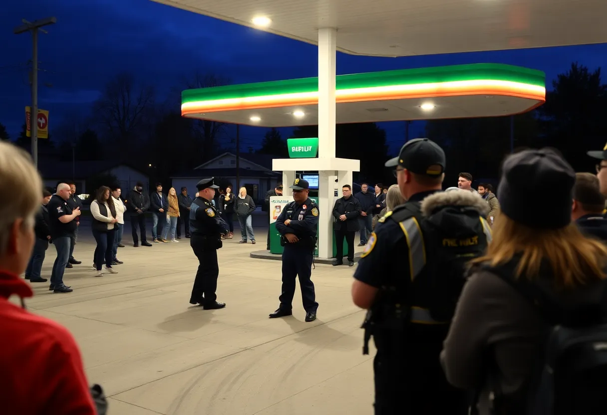 Crowd gathered at a gas station following a stabbing incident.