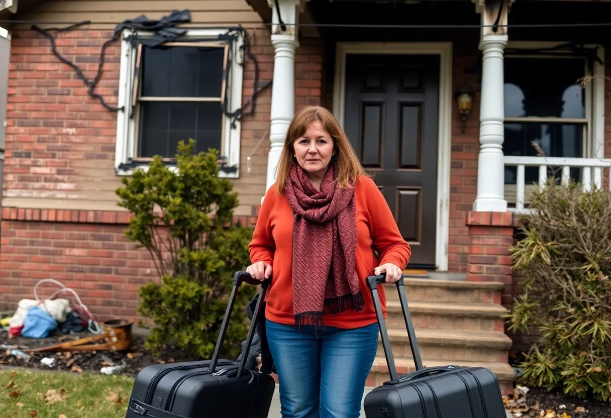 Woman with suitcases outside fire-damaged home