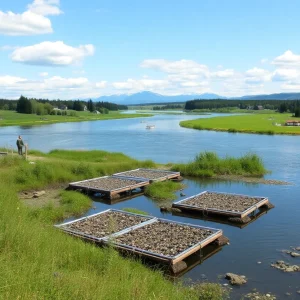 Community members installing oyster beds along the Trout River