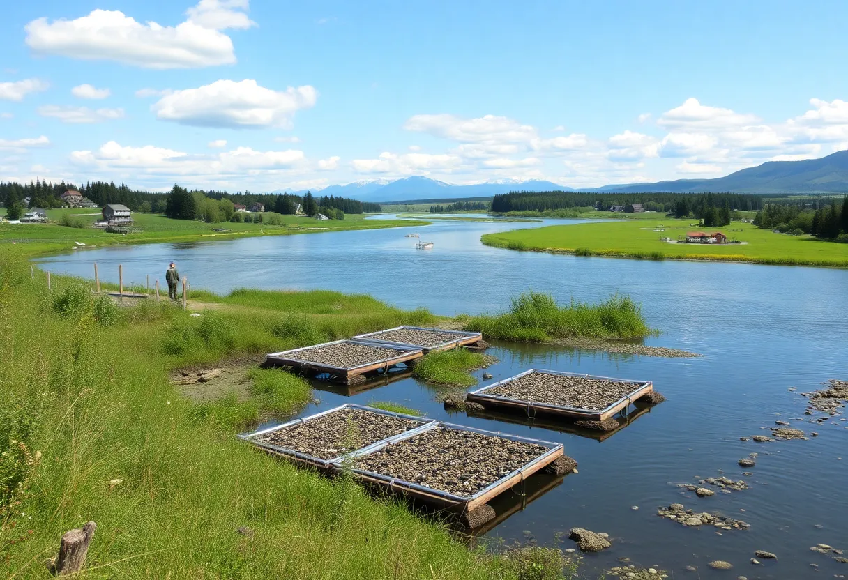 Community members installing oyster beds along the Trout River