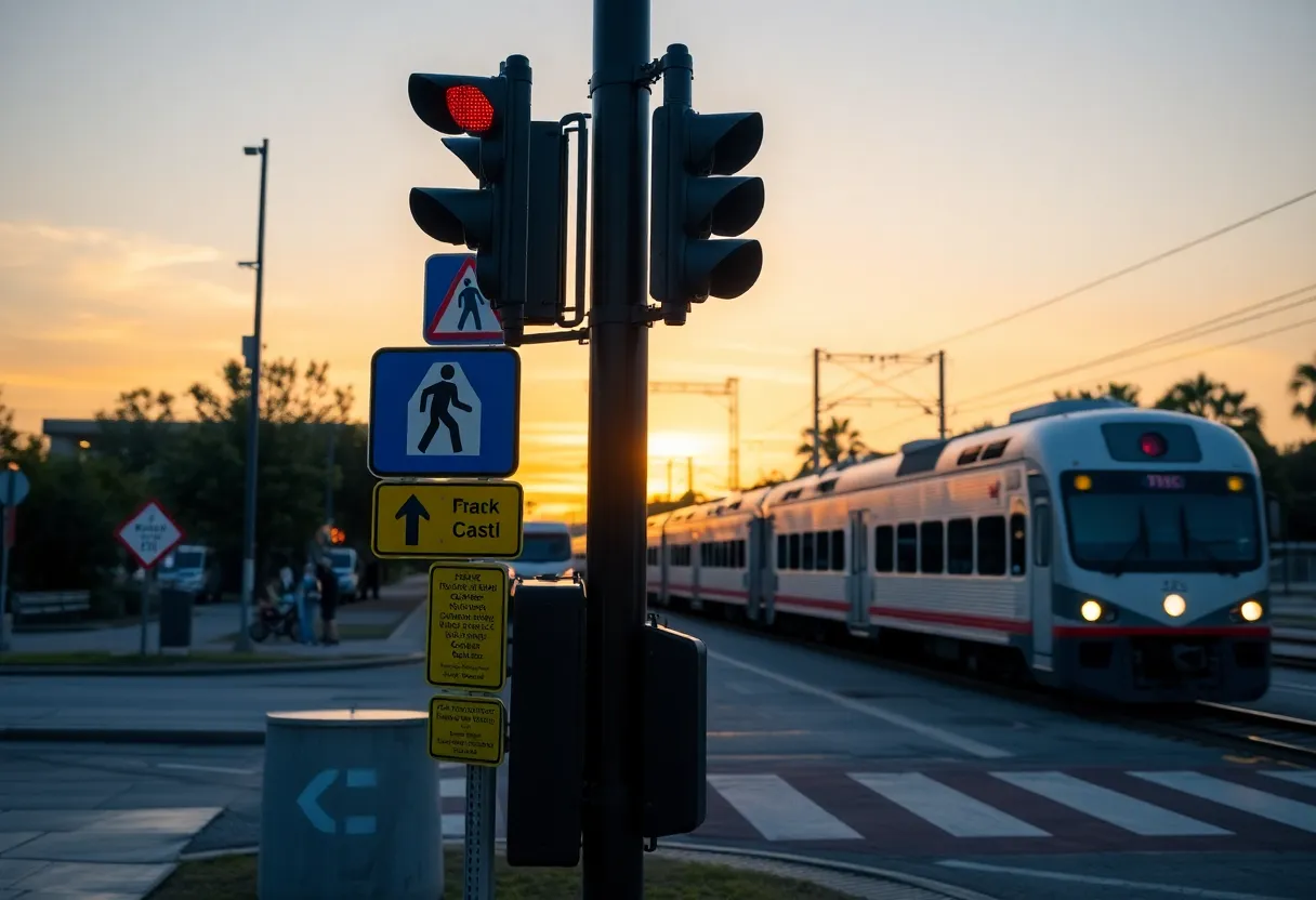 Railway intersection in Jacksonville with pedestrian safety signs