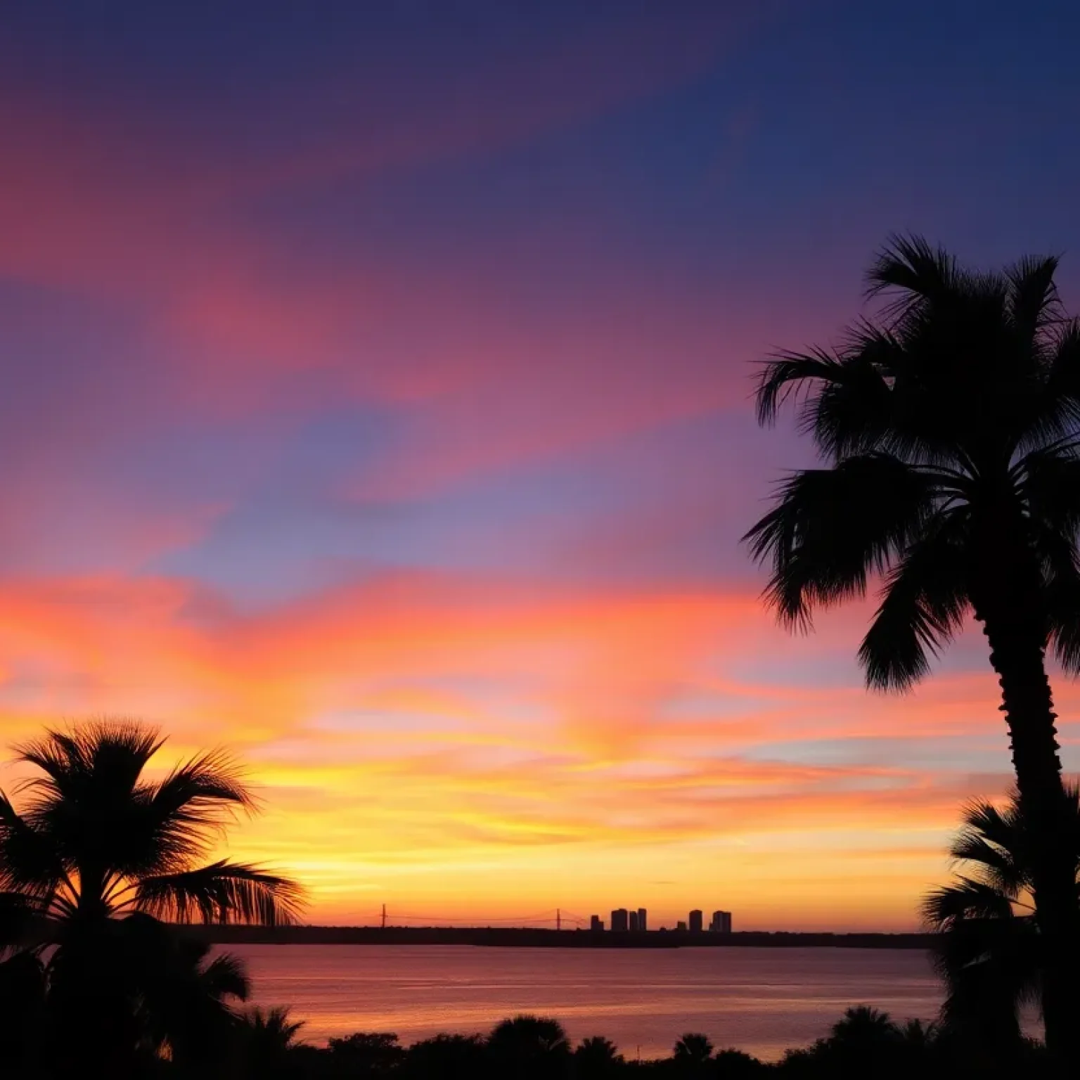 A picturesque sunset over Jacksonville, Florida with palm trees in the foreground.
