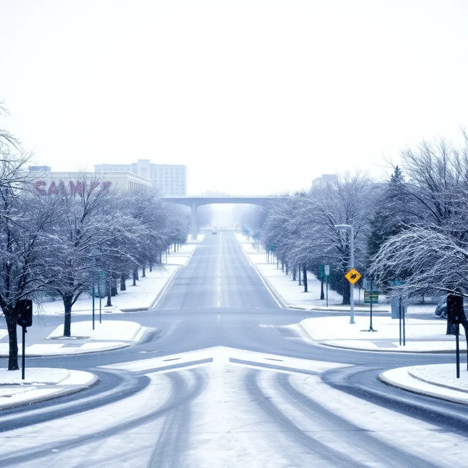 Snowy landscape in Jacksonville showing icy roads and trees