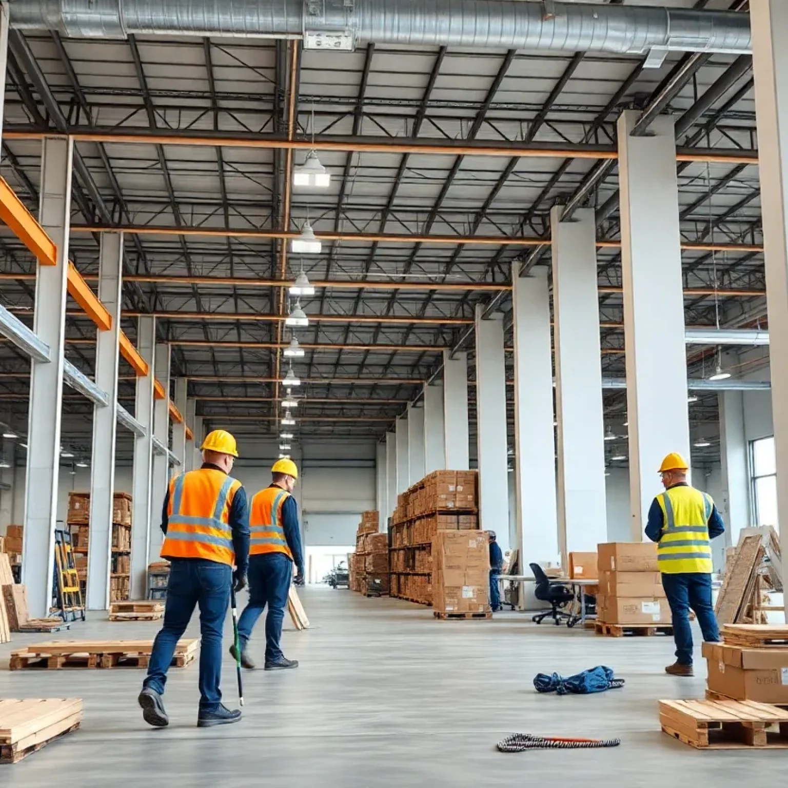 Construction workers renovating the interior of JAX 2 fulfillment center in Jacksonville.