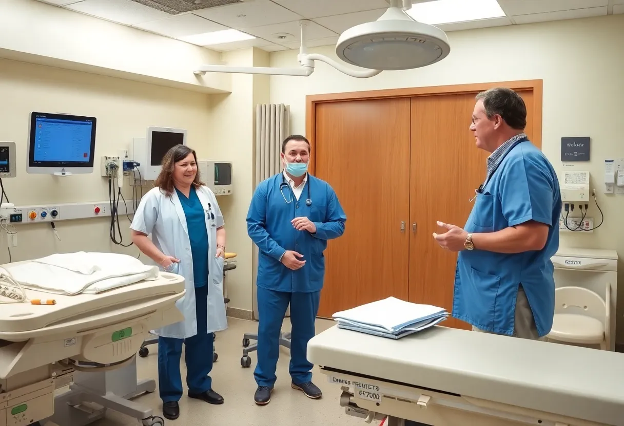 Healthcare professionals in an orthopedic clinical setting discussing restructuring changes.