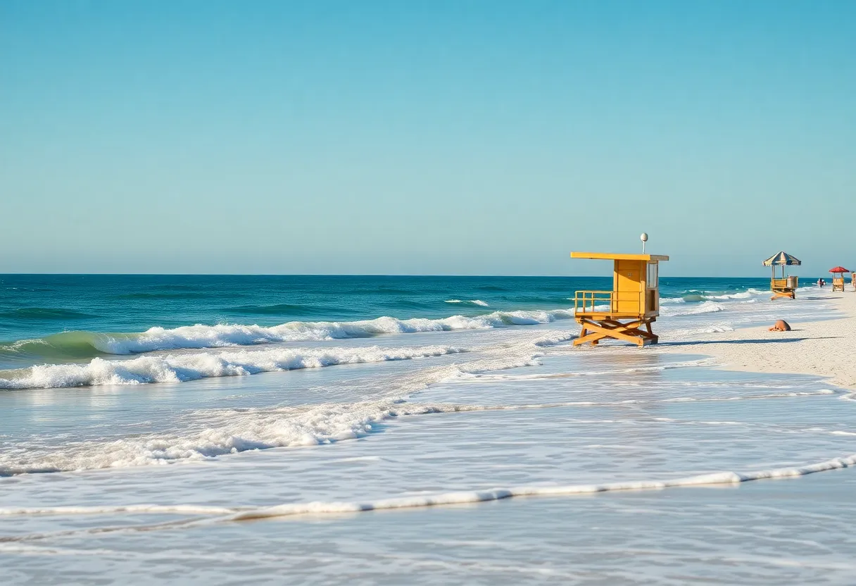 A peaceful view of Lake Worth Beach showing lifeguard stations and beachgoers enjoying the water.