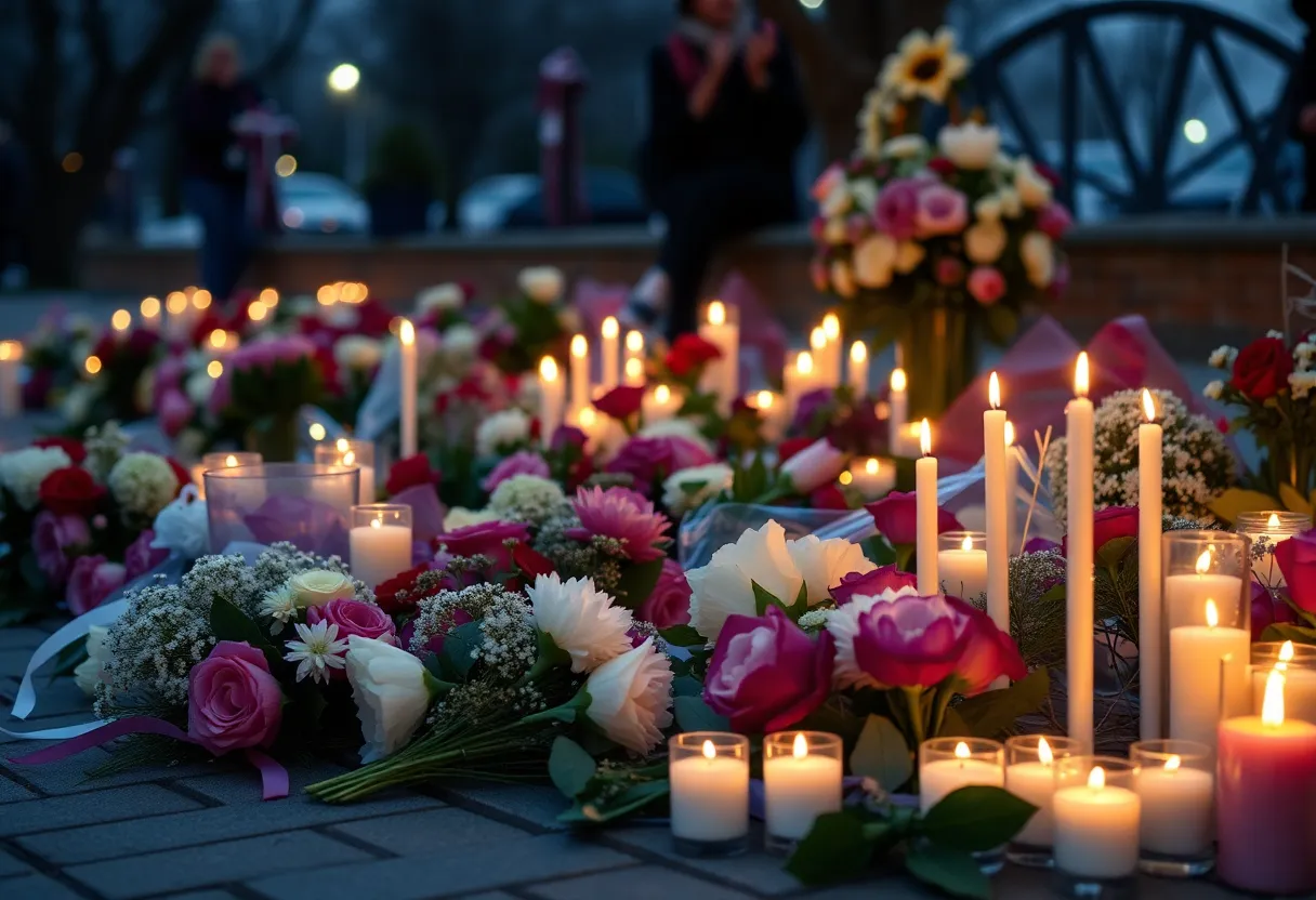 Memorial candles and flowers for lost high school seniors
