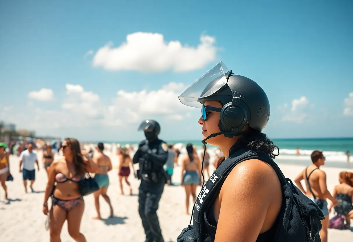 Miami Beach during spring break with tourists and police presence.