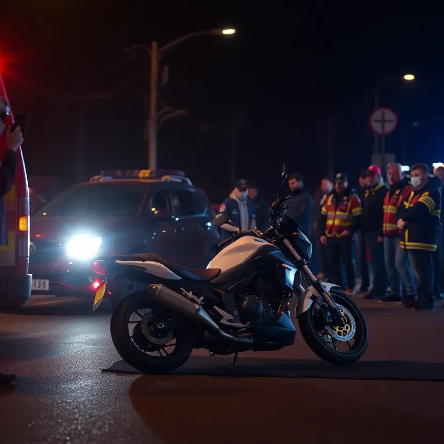 Scene of a motorcycle crash with emergency services responding.