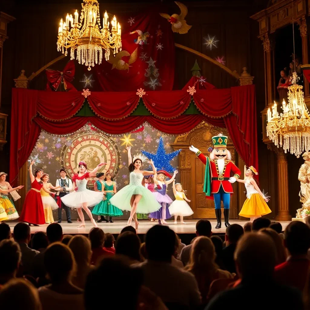 A scene from The Nutcracker ballet showcasing dancers in vibrant costumes