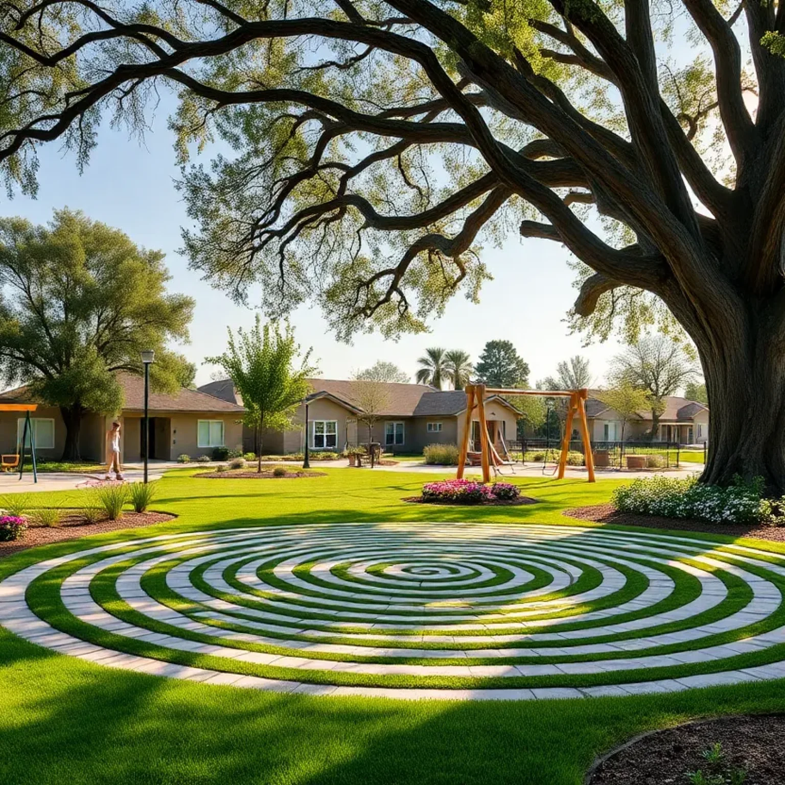 Rendering of renovated Peace Memorial Park with a labyrinth and landscaping
