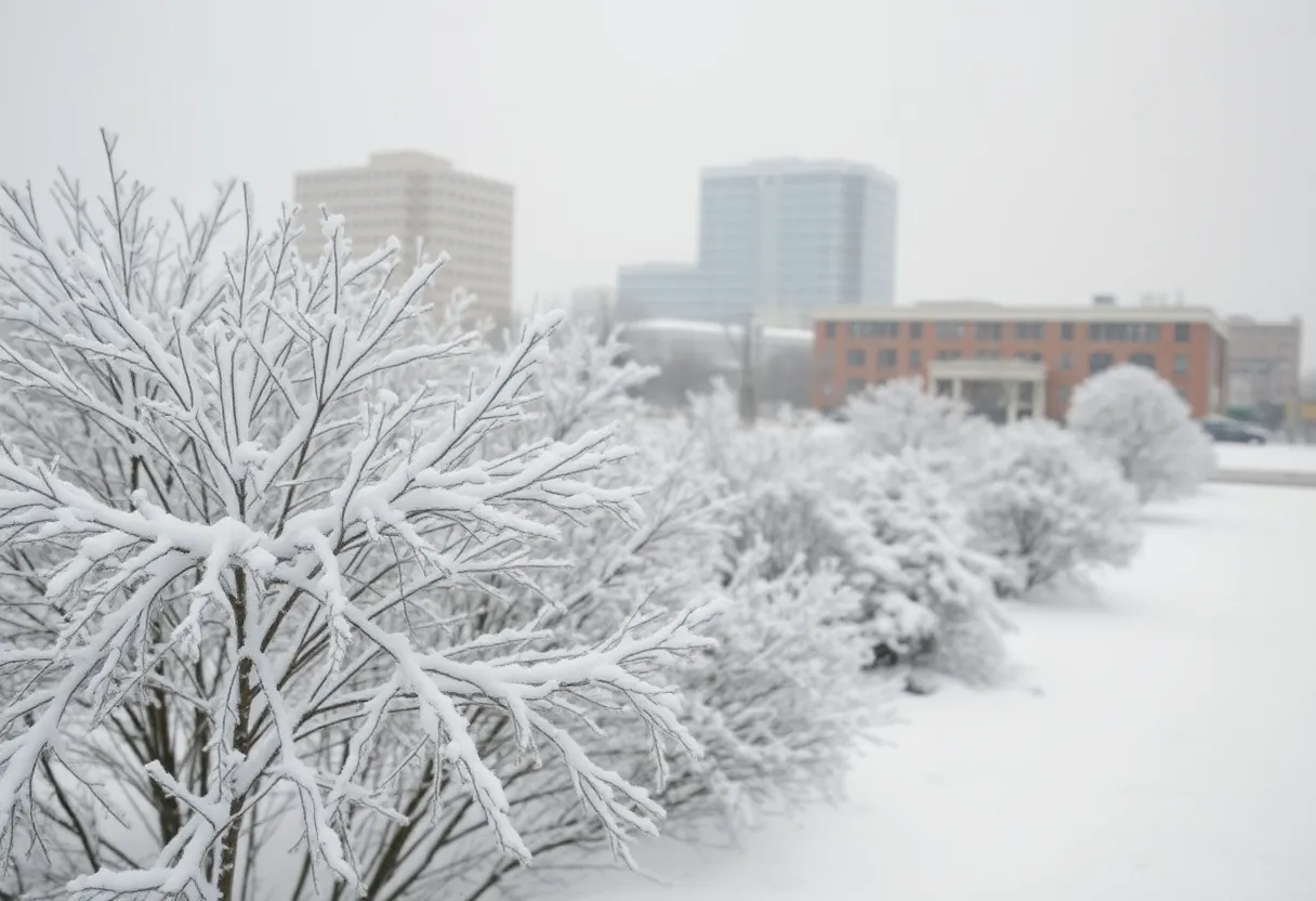 Winter storm impacts in Pensacola with snow-covered streets and trees.