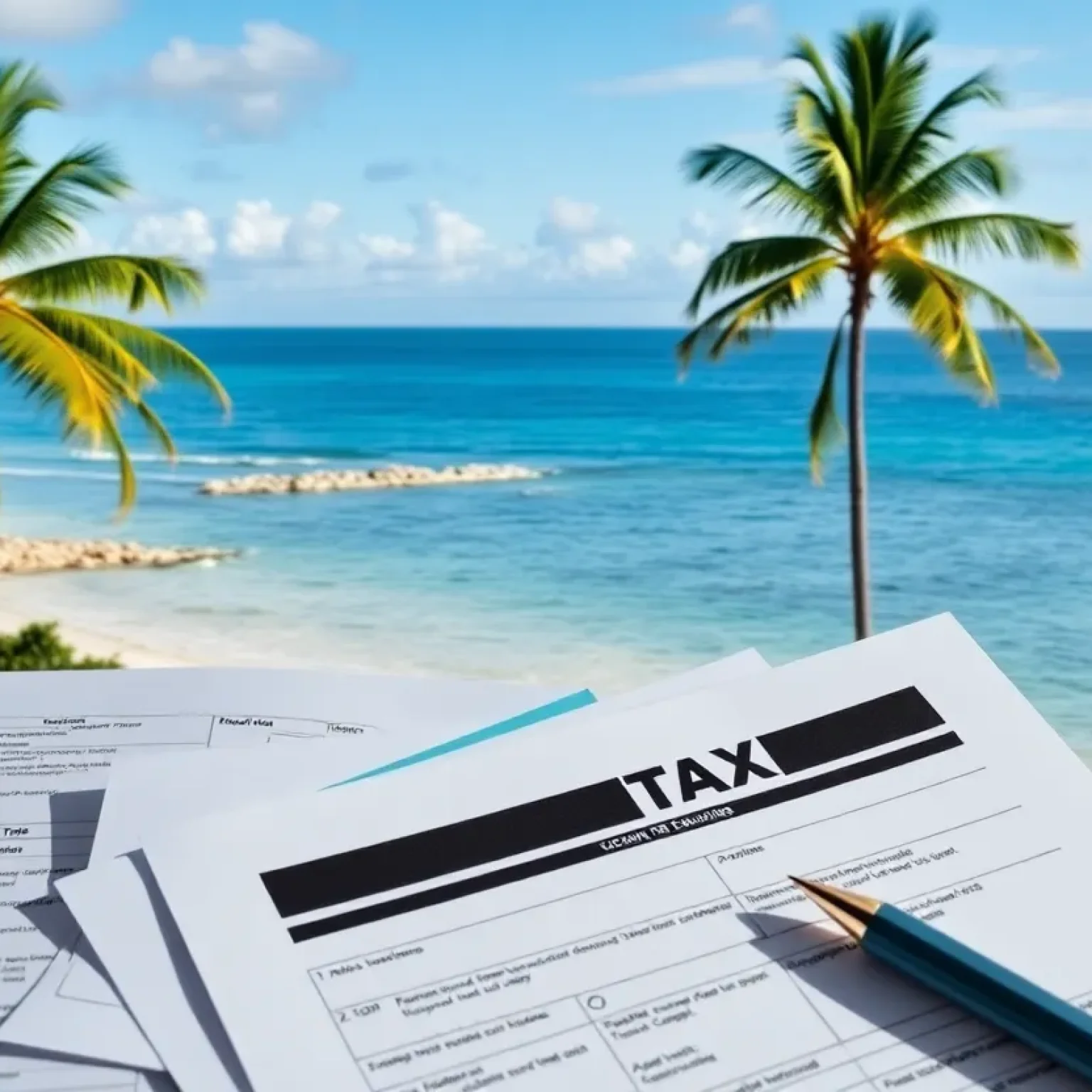Tax forms with Florida beach in the background symbolizing tax relief