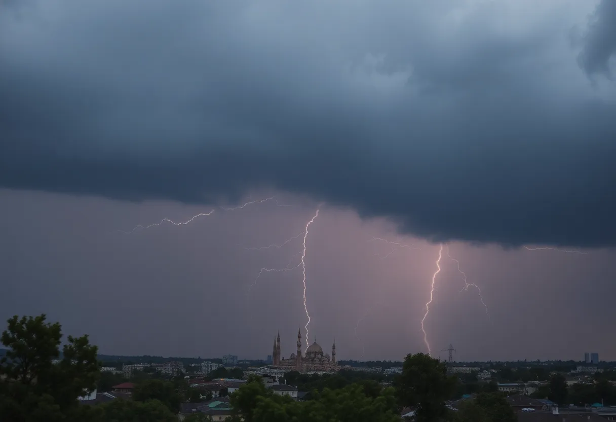 Stormy weather approaching Jacksonville with dark clouds and lightning