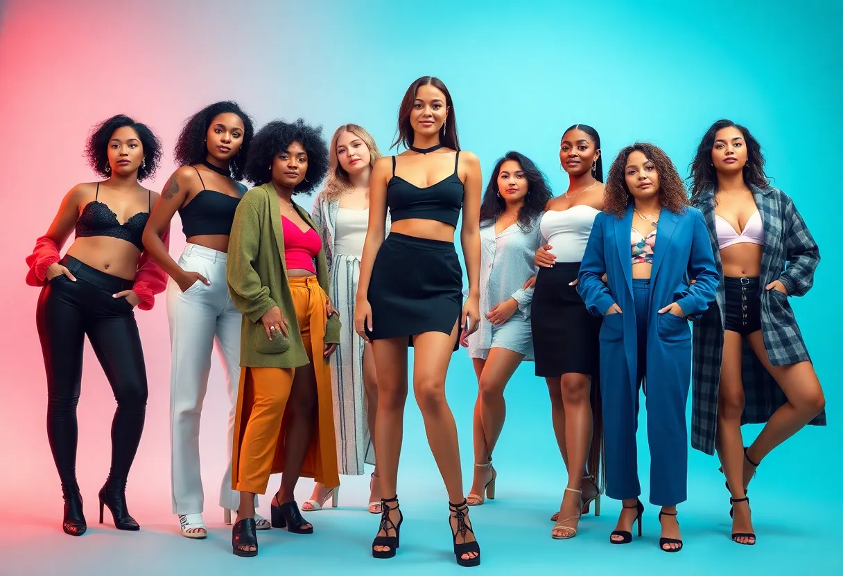 A diverse group of models at a Torrid photoshoot embodying inclusivity and fashion.