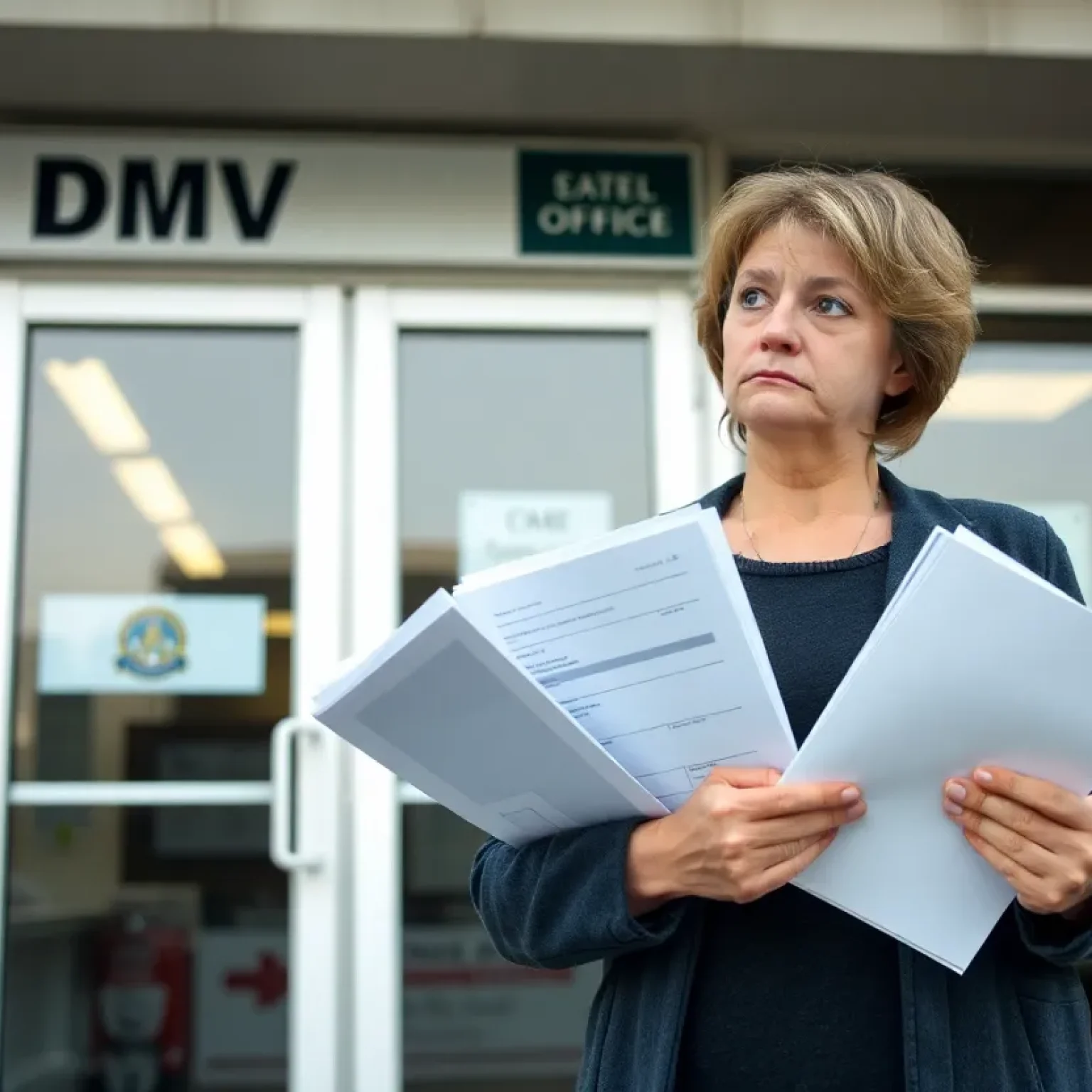 Concerned woman at DMV with documents