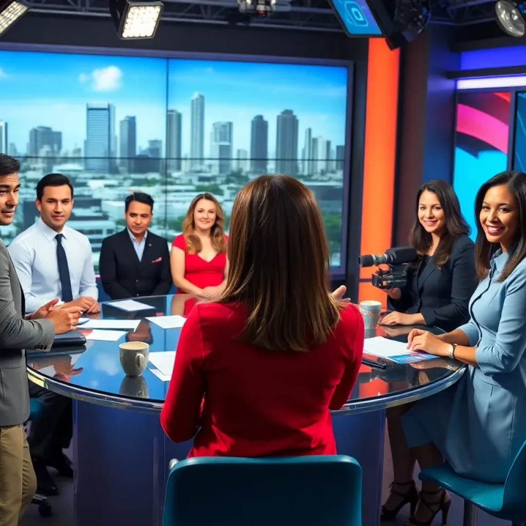 News team in a bustling broadcasting studio at WPLG-TV in Miami.