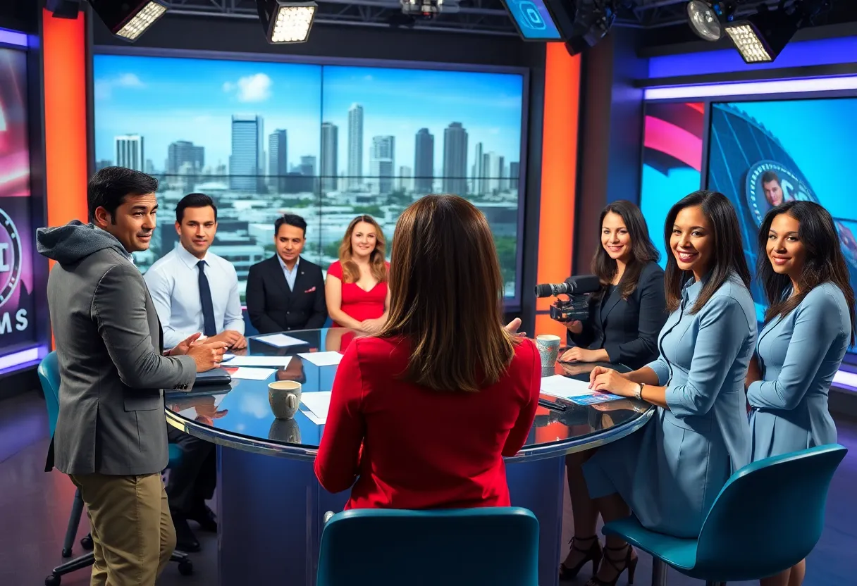 News team in a bustling broadcasting studio at WPLG-TV in Miami.